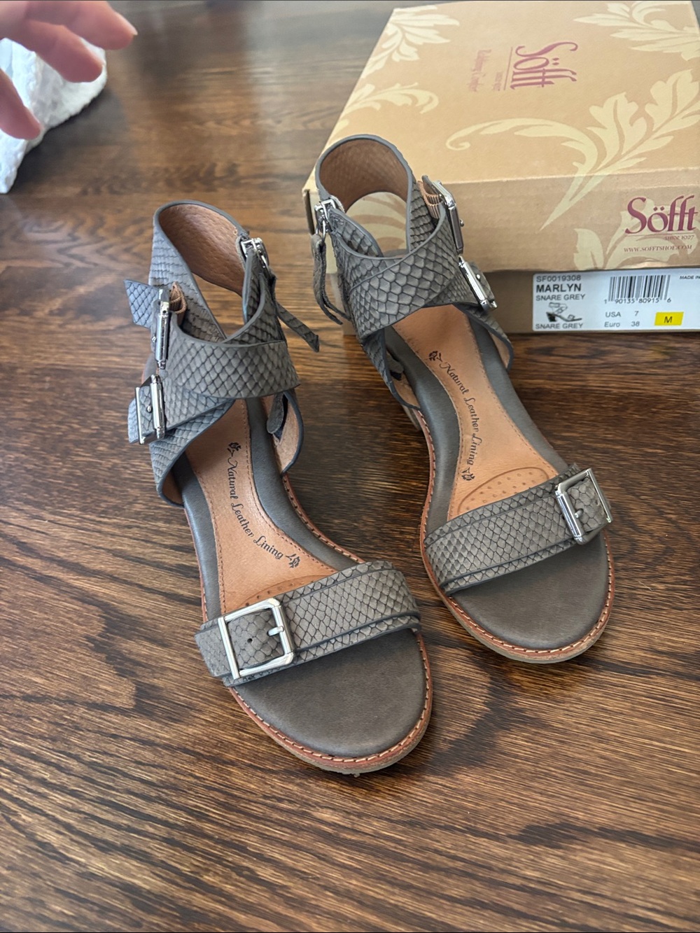 Söfft Marlyn Gray Snakeskin-Textured Buckle Sandals